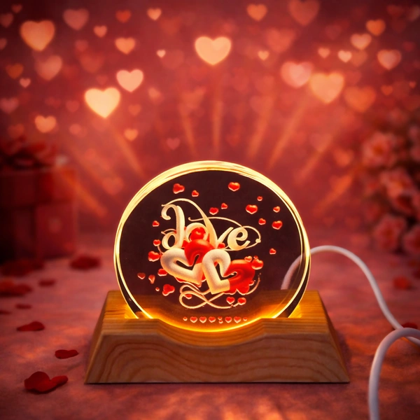 Love Double Heart Acrylic LED Lamp with Wooden Base - Romantic Gift