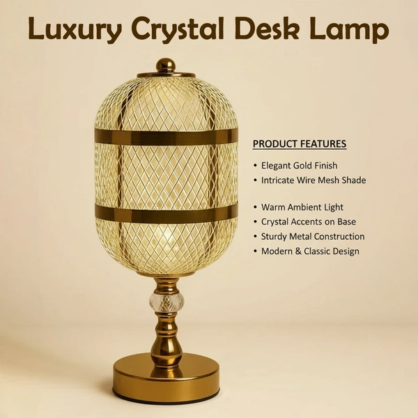 Luxury Golden Mesh Table Lamp with Crystal Base – Warm Ambient Light
