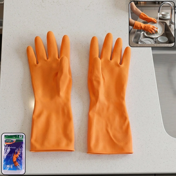 Medium Victor Orange Waterproof Cleaning Rubber Gloves - 1 Pair