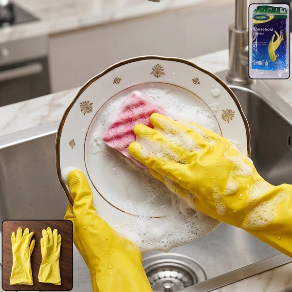 Medium Victor Yellow Waterproof Rubber Cleaning Gloves - 1 Pair