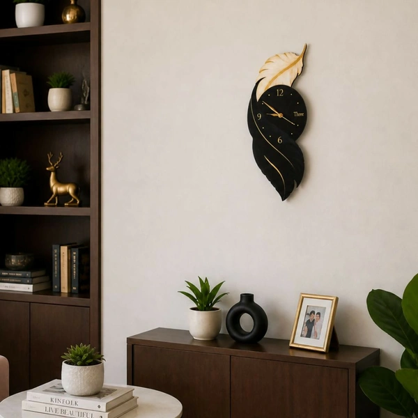 Modern Feather Wall Clock Black & Gold - 15x7 Inch