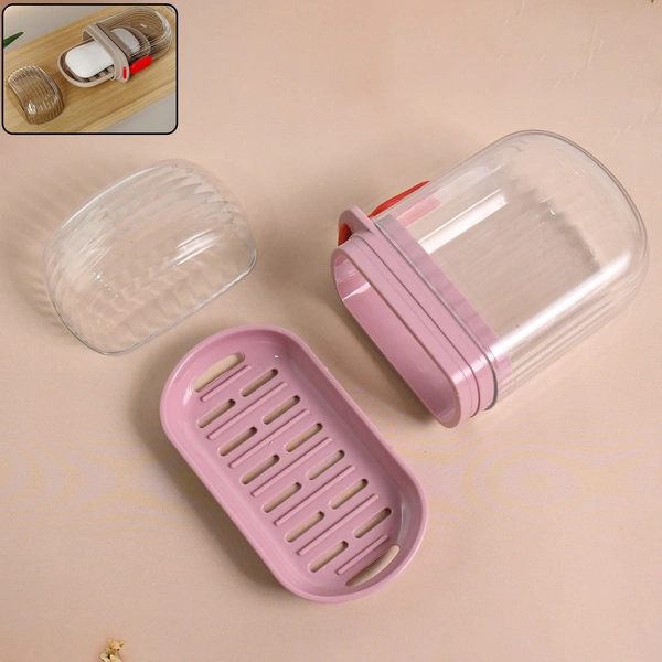 Multipurpose Plastic Soap Dish with Dust-Proof Lid & Drain Tray - Pink