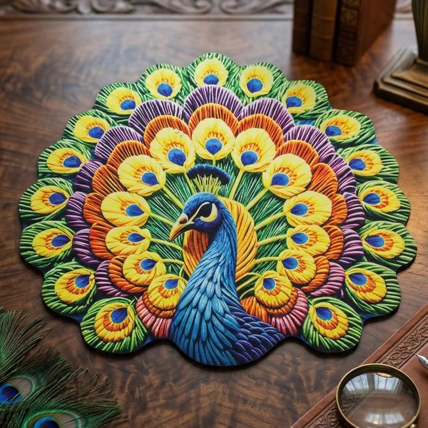 Peacock Design Round Floor Mat, 58x58 cm