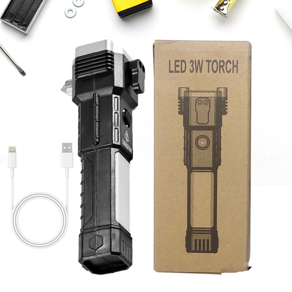 Portable 3W Rechargeable LED Torch with Hammer & Glass Cutter