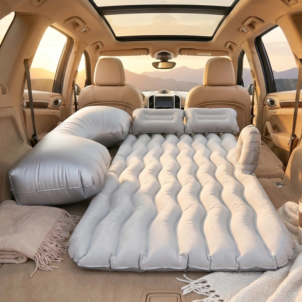 Portable Car Air Mattress Bed Set with Pump & Pillows (Grey)