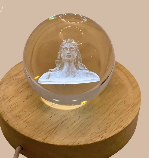 Premium 3D Adiyogi Shiva Crystal Ball LED Night Lamp with Wooden Base