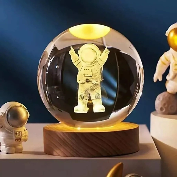 Premium 3D Astronaut Crystal Ball LED Night Lamp with Wooden Base
