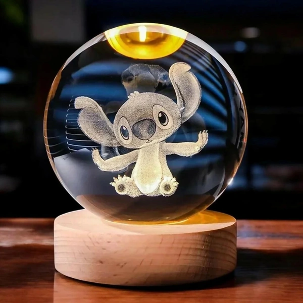 Premium 3D Cute Cartoon Alien Crystal Ball LED Night Lamp with Wooden Base