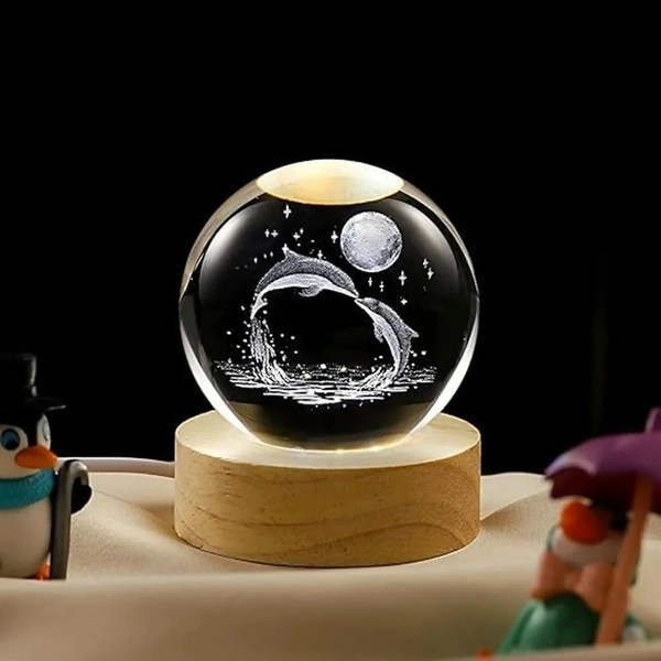 Premium 3D Dolphin Crystal Ball LED Night Lamp with Wooden Base