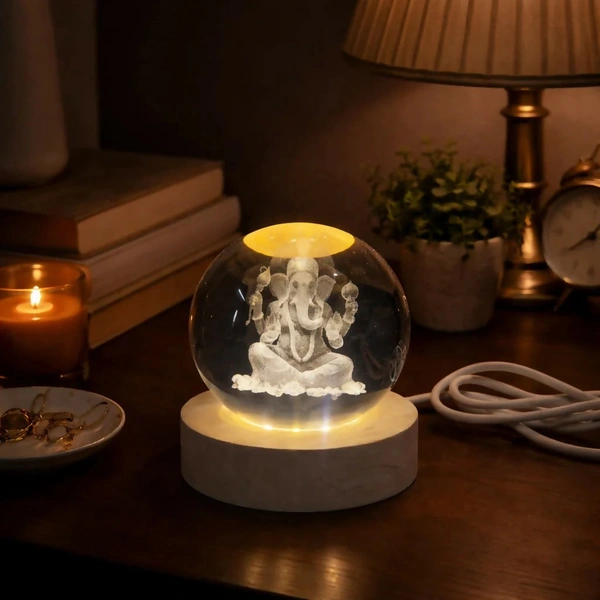 Premium 3D Ganesh Crystal Ball LED Night Lamp with Wooden Base
