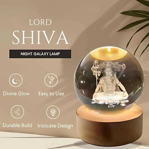 Premium 3D Lord Shiva Crystal Ball LED Night Lamp with Wooden Base