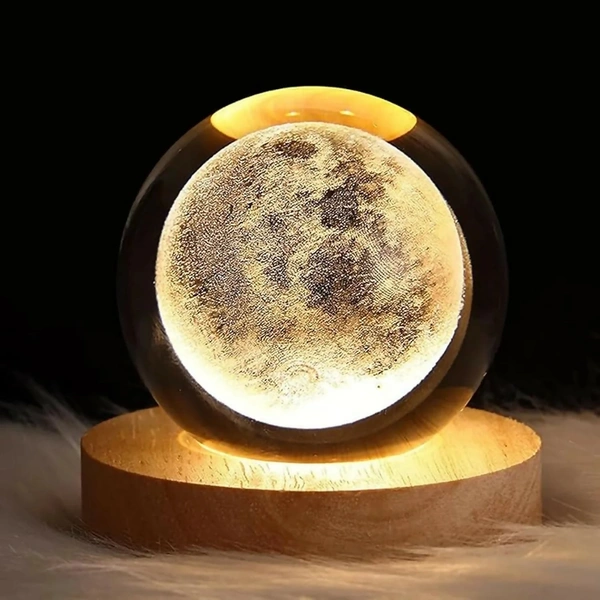 Premium 3D Moon Crystal Ball LED Night Lamp with Wooden Base