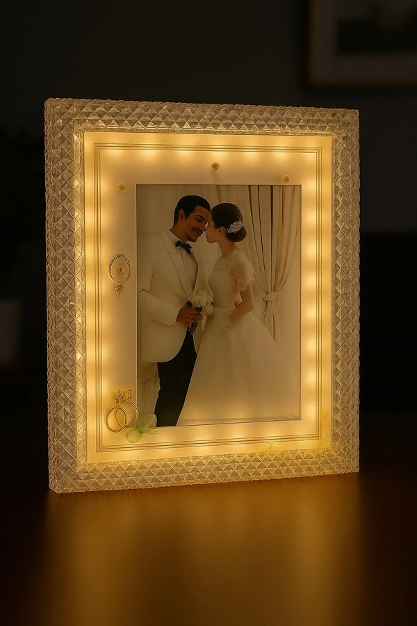 Premium LED Crystal Wedding Photo Frame with 3D Ring Decor