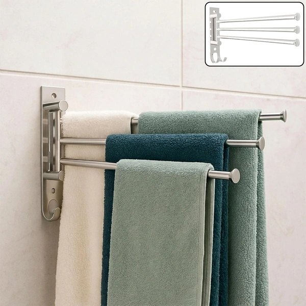Premium Stainless Steel Rotatable Wall Mounted Towel Holder Rack with Hook (3 Road/15 Inch)