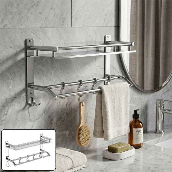 Premium Stainless Steel Towel Rack with Shelf and Hooks for Bathroom Storage