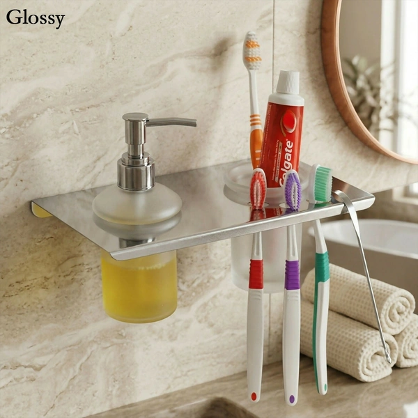 Premium Stainless Steel Wall Mounted Bathroom Shelf with Soap Dispenser & Toothbrush Holder