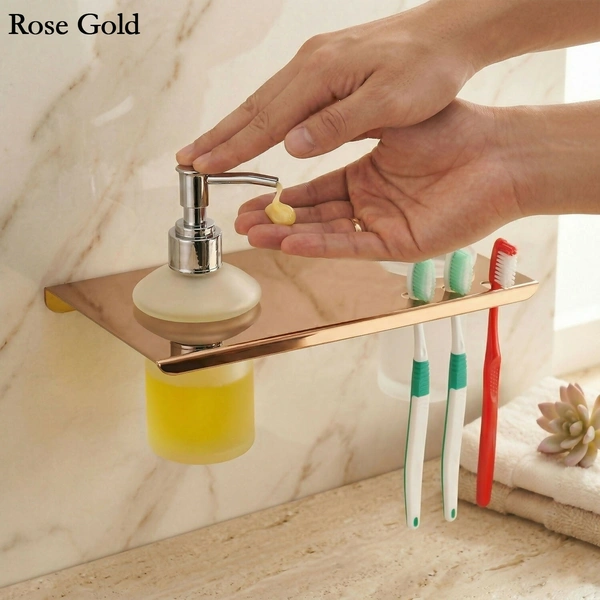 Premium Stainless Steel Wall Mounted Bathroom Shelf with Soap Dispenser & Toothbrush Holder