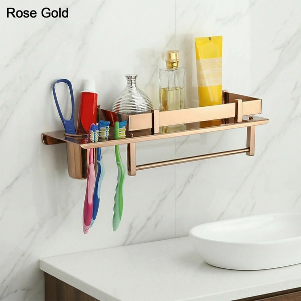Premium Stainless Steel Wall Mounted Bathroom Shelf with Towel Rod & Toothbrush Holder