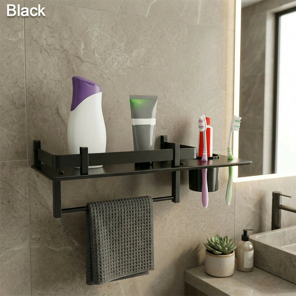 Premium Stainless Steel Wall Mounted Bathroom Shelf with Towel Rod & Toothbrush Holder