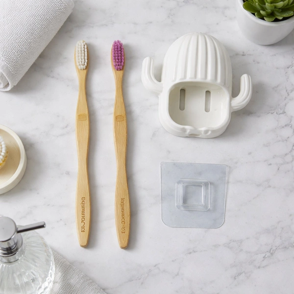 Premium Wall Mounted Toothbrush Holder Set with 2 Bamboo Brushes