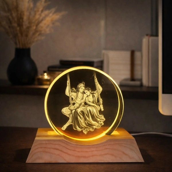 Radha Krishna Engraved LED Night Lamp - Acrylic & Wooden Base Decor
