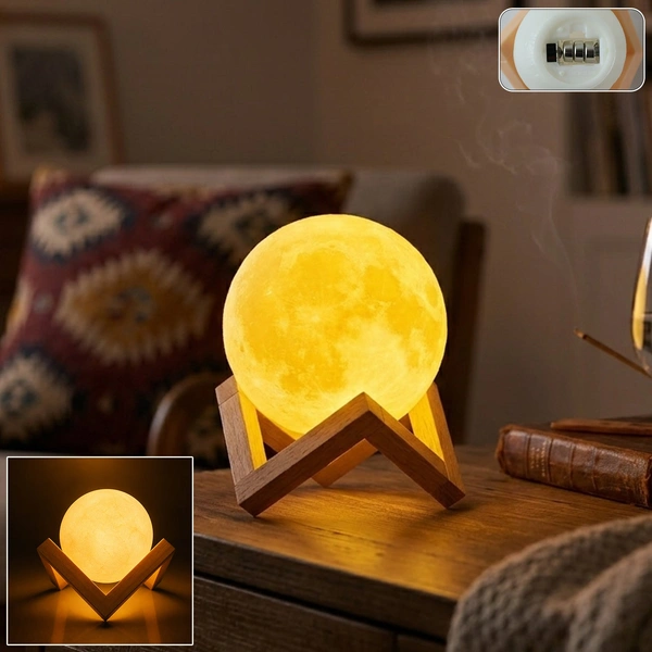 Rechargeable LED Moon Lamp with Wooden Stand - Ambient Night Light