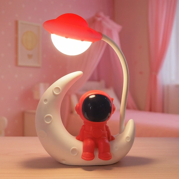 Red Astronaut Moon LED Night Lamp with Touch Control, USB Rechargeable