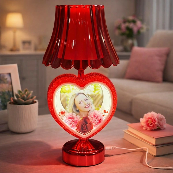 Red Heart-Shaped Photo Table Lamp with Shade for Bedroom & Gift