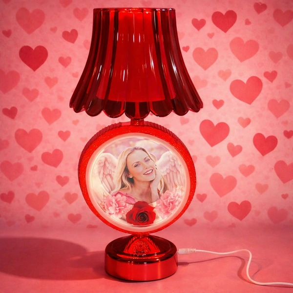 Red Round Photo Table Lamp with Decorative Shade for Bedroom & Gift