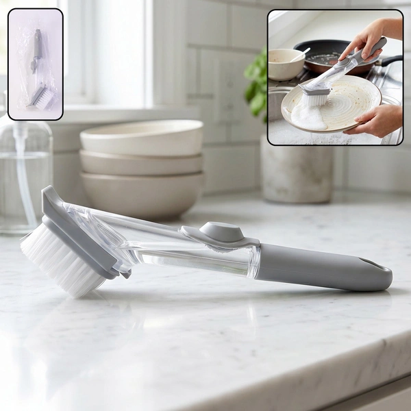 Refillable Soap Dispensing Dish Scrub Brush for Pots, Pans & Kitchen
