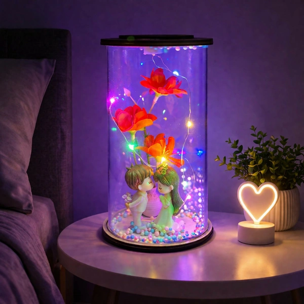 Romantic Couple Flower LED Glass Dome Lamp - Decorative Night Light