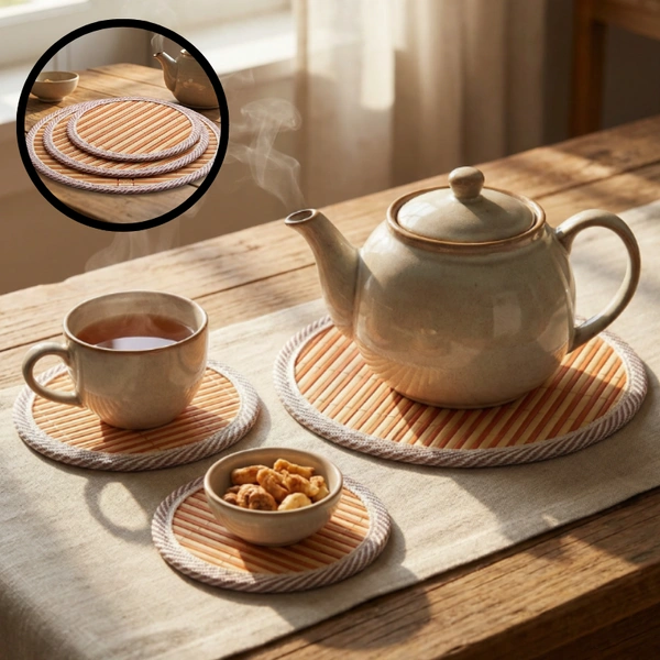 Round Bamboo Table Mat with Rope Border – Heat-Resistant Placemat & Coaster for Dining Table, Kitchen, & Cookware (Set of 3 Sizes-Small,Midium & Large)