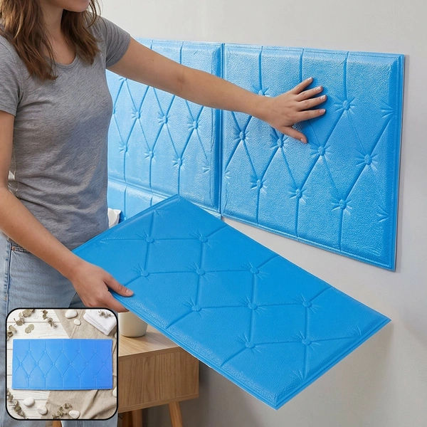 Self Adhesive 3D Foam Wall Panel Cushion Wallpaper (1 Pc, Blue, 69x35 Cm)