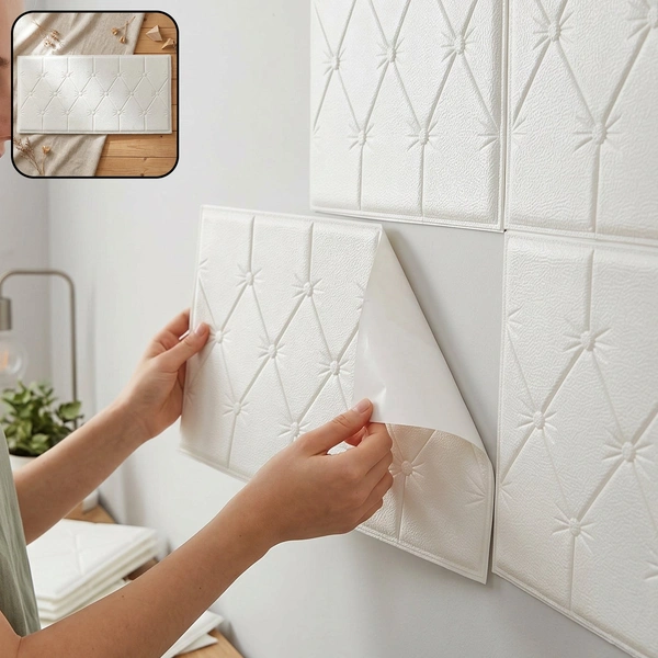 Self Adhesive 3D Foam Wall Panel Cushion Wallpaper (1 Pc, White, 69x35 Cm)