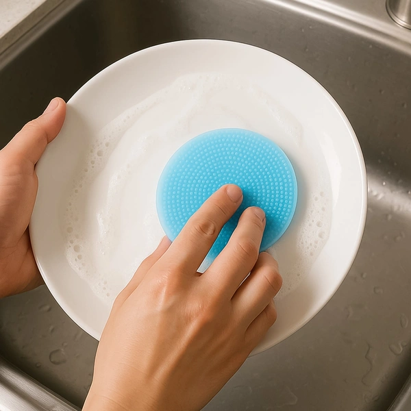 Sky Blue Silicone Dish Scrubber - Heat Resistant & Mildew Free