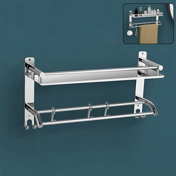 Stainless Steel 2 Tier Wall-Mount Shelf with Towel Holder - Chrome