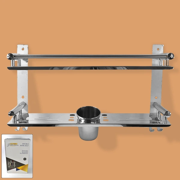 Stainless Steel 2-Tier Multi-Use Wall Shelf with Hooks