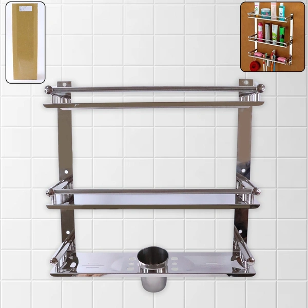 Stainless Steel 3-Tier 6 In 1 Bathroom Shelf Rack - 15 Inch