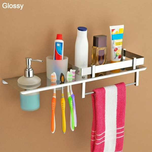Stainless Steel Wall Mounted Bathroom Shelf with Soap Dispenser, Toothbrush Holder & Towel Rack 1Pc