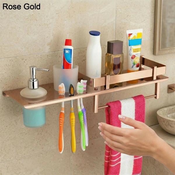 Stainless Steel Wall Mounted Bathroom Shelf with Soap Dispenser, Toothbrush Holder & Towel Rack 1Pc