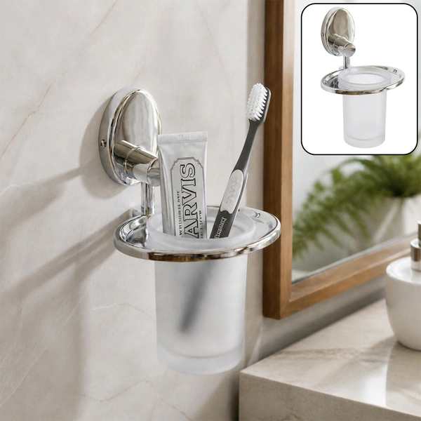 Stainless Steel Wall Mounted Toothbrush Holder with Frosted Glass Tumbler Bathroom Organizer