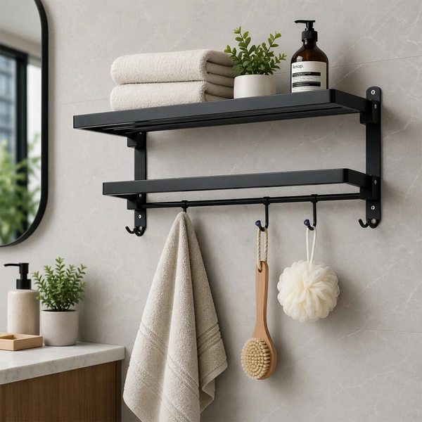 Stainless Steel Wall-Mounted Bathroom Towel Rack with Shelf & Rod