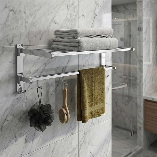 Stainless Steel Wall-Mounted Bathroom Towel Rack with Shelf & Rod
