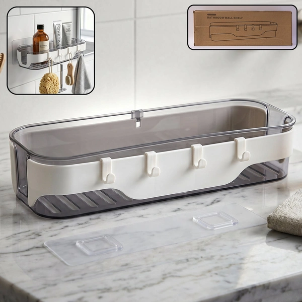 Stylish Transparent Bathroom Wall Shelf with 3 Hooks – Space Saver