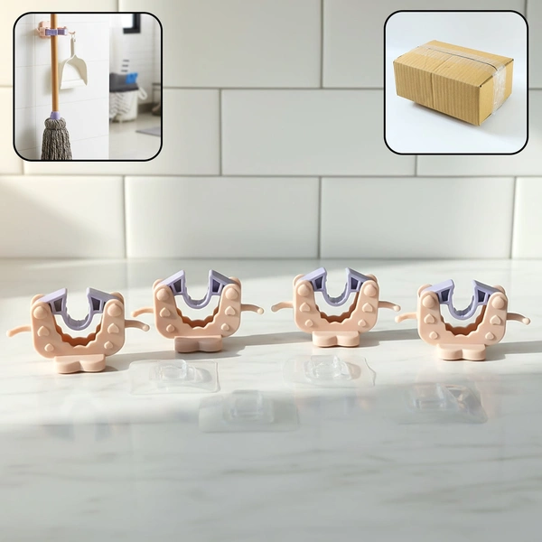 Wall Mounted Broom & Mop Holder Clips - 4 Pc Set with Strong Adhesive