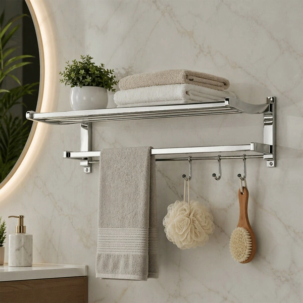 Wall Mounted Folding Towel Rack with Shelf & Hooks – Space Saver