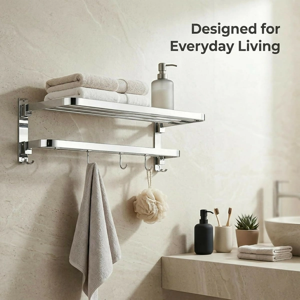 Wall Mounted Stainless Steel Towel Rack with Shelf & Hooks