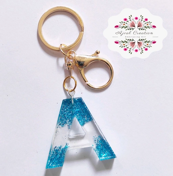 Transparent Blue Glitter Alphabet Keychains  - Turquoise, 3.9 cm