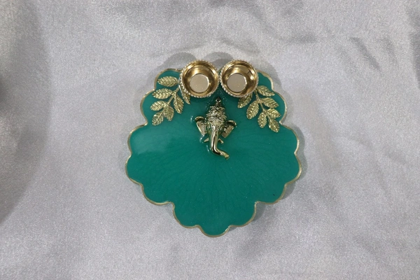 Green Flower Pooja Plate - Teal, 4.5 Inch