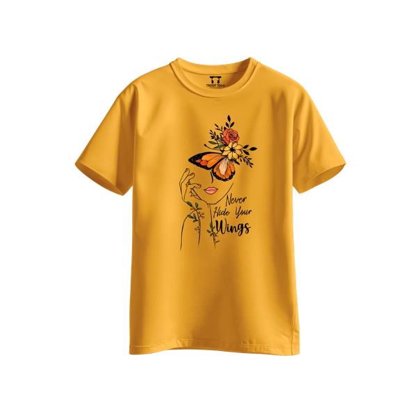 Trendy Togs Never Hide Your Wings – Floral Butterfly Inspirational Cotton T-shirt For Girls - L, Yellow